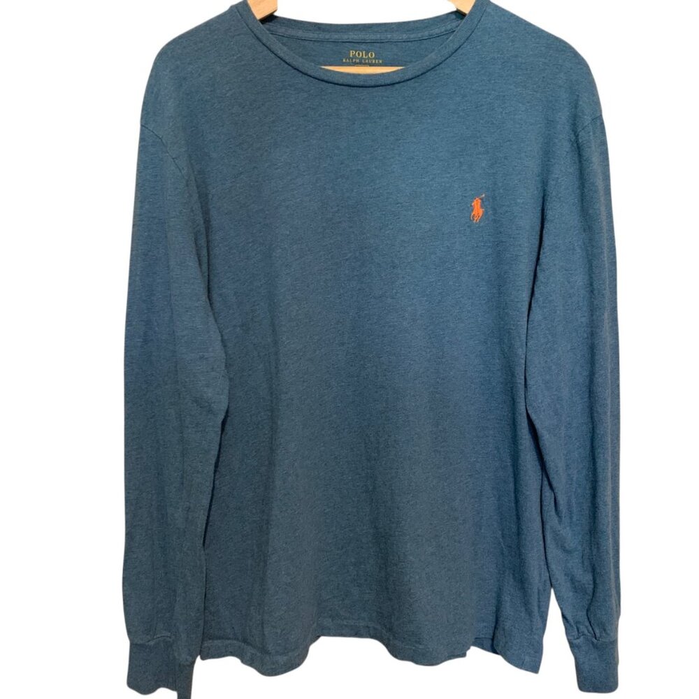 Polo‎ Ralph Lauren Blue Long-Sleeve Crewneck Shirt Orange Pony Logo Size L